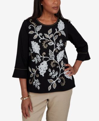 Petite Travel Advisory Scroll Leaf Embroidered 3/4 Sleeve Crewneck Top