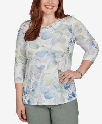 Petite Provence Watercolor Leaf Print 3/4 Sleeve Top