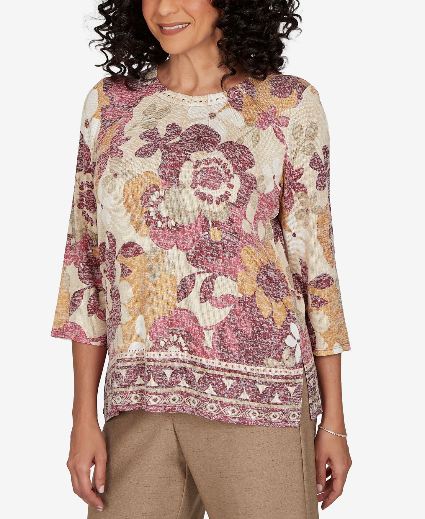 Женский топ Alfred Dunner Petite Union Square Exploded Floral Geo Border 3/4-Sleeve, цвет: Tanmult — фото 2