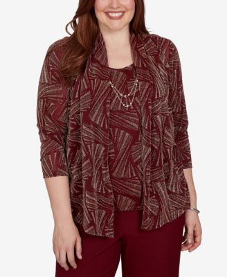 Petite Union Square Shimmer Abstract Two In One 3/4-Sleeve Top With Necklace