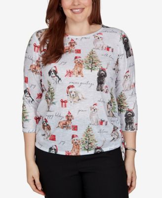 Petite Classic Gift Giving Dogs Holiday 3/4 Sleeve Knit Top