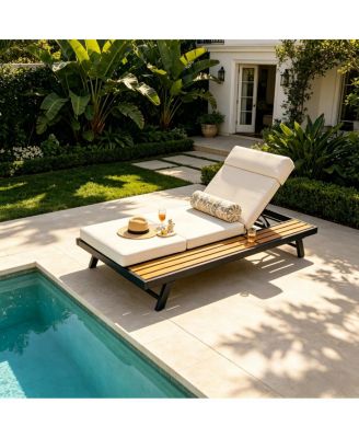 Adjustable Acacia Wood Outdoor Chaise Lounge Chair with 4-Fold Cushion and Iron Frame