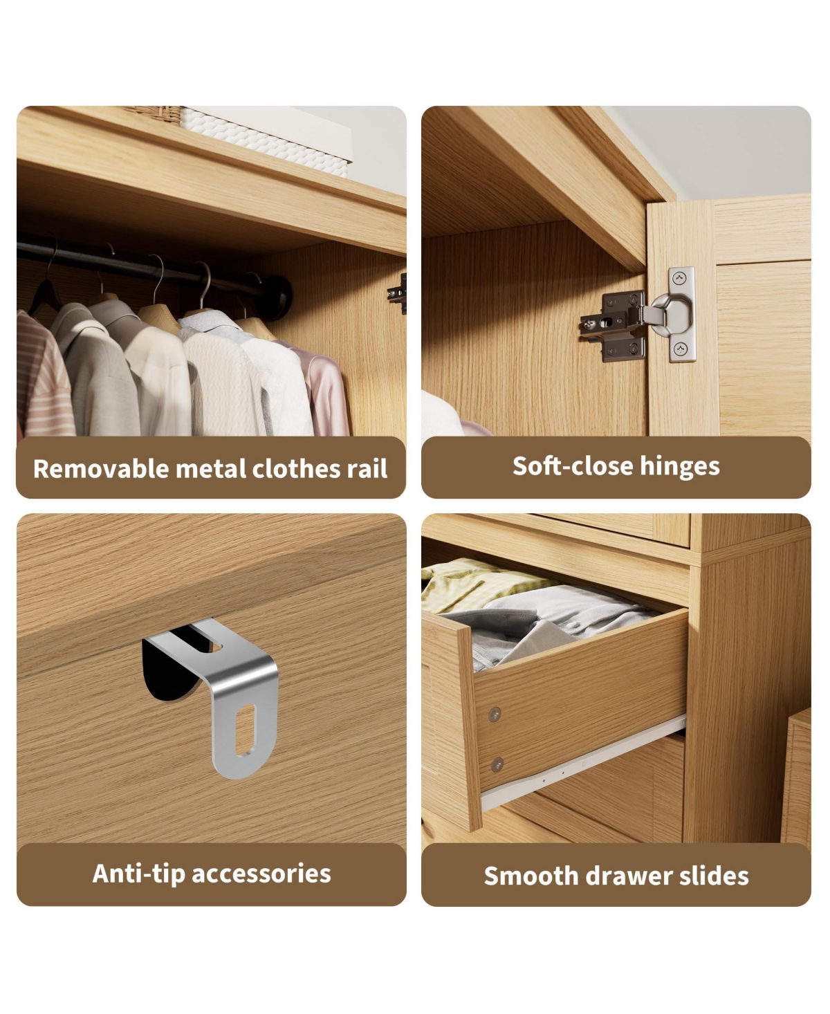 homfan Freestanding Bedroom Wardrobe, 2-Door Closet with Hanging Rod and 3 Drawers, Melamine Finish Storage Cabinet, Idea For Bedroom, Living Room