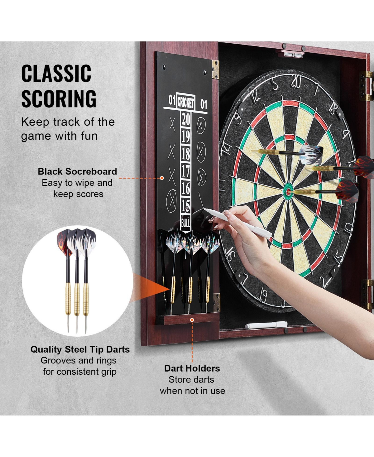 Sevorley Dartboard and Cabinet Set with 18-Inch Sisal Board and 6 Steel Tip Darts