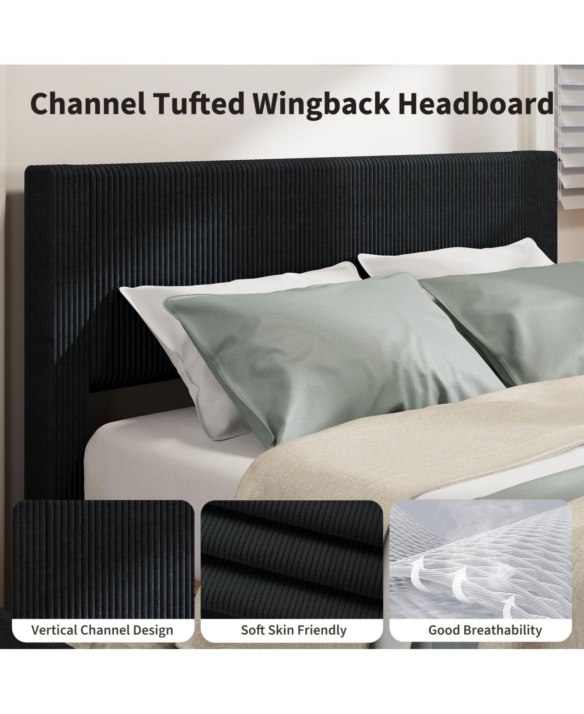 homfan Platform Bed Frame with 4 Storage Drawers, Corduroy Channel Tufted Headboard Bed Frame with Strong Wooden Slat Support, No Box Spring Needed