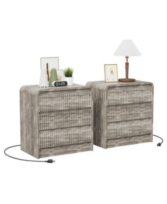 Set of 2 Fluted Nightstands with Charging Station and 3 Drawers