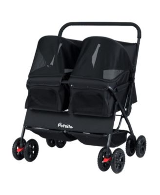 Foldable Double Pet Stroller with Adjustable Sunshade Safety Leash and Storage Baskets