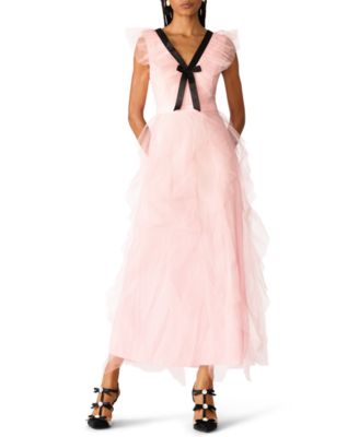 Juniors' Cascading Tulle Contrast Bow V-Neck Maxi Dress