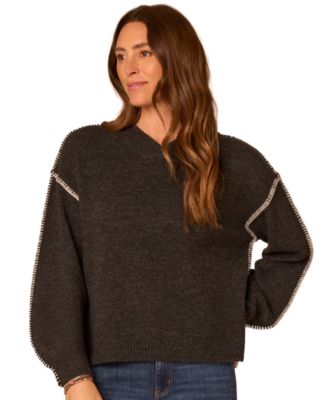 Petite Whip-Stitch Long-Blouson Sleeves V-Neck Pullover Sweater