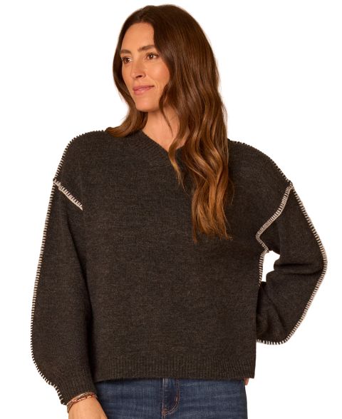 Женский свитер Democracy Petite Whip-Stitch Long-Blouson Sleeves V-Neck Pullover, цвет: Меланжевый медный / Слоновая кость
