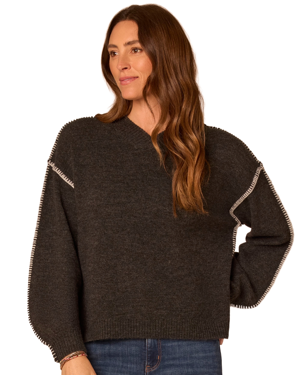 Democracy Women's Blanket-stitch Embroidered V-neck Blouson-sleeve Sweater In Heather Copper,ivory