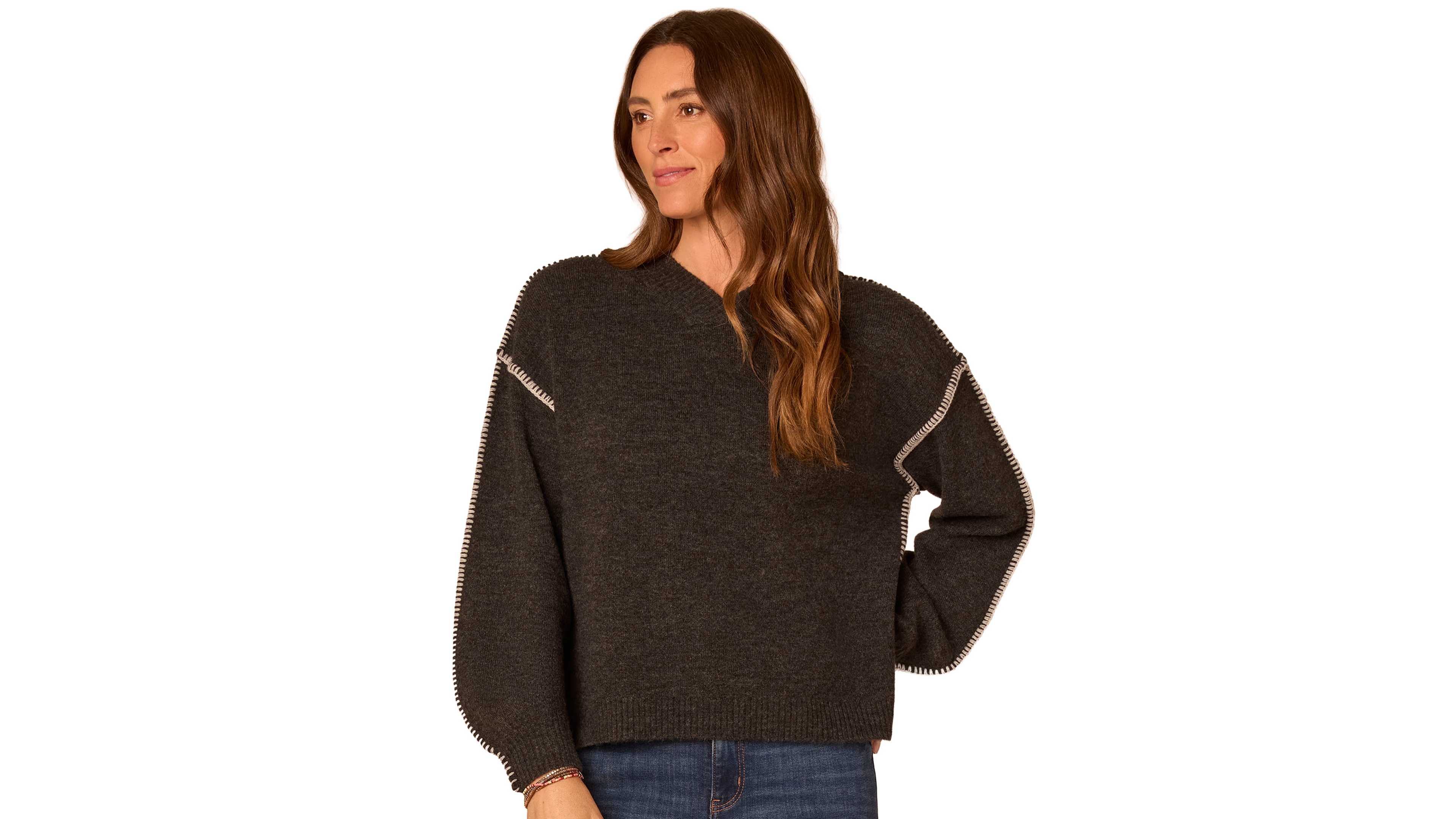 Democracy Women's Blanket-Stitch Embroidered V-Neck Blouson-Sleeve Sweater