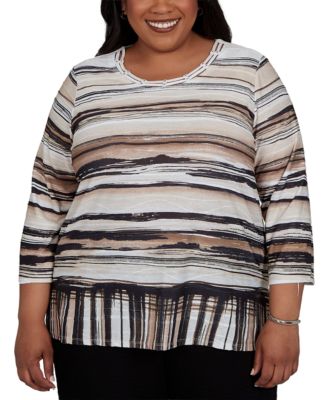 Plus Size Travel Advisory Striped 3/4-Sleeve Knit Top