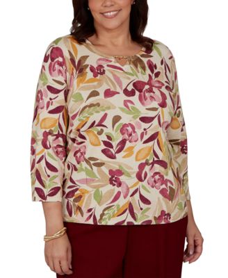 Plus Size Union Square Floral-Print 3/4-Sleeve Shimmer Sweater