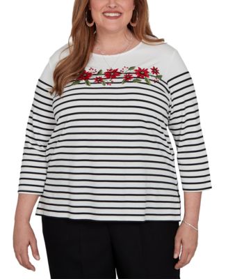 Plus Size Stripe 3/4-Sleeve Crewneck Knit Top
