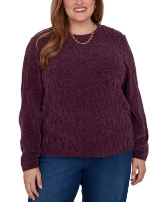 Plus Size Cable-Knit Chenille Crewneck Long-Sleeve Pullover Sweater