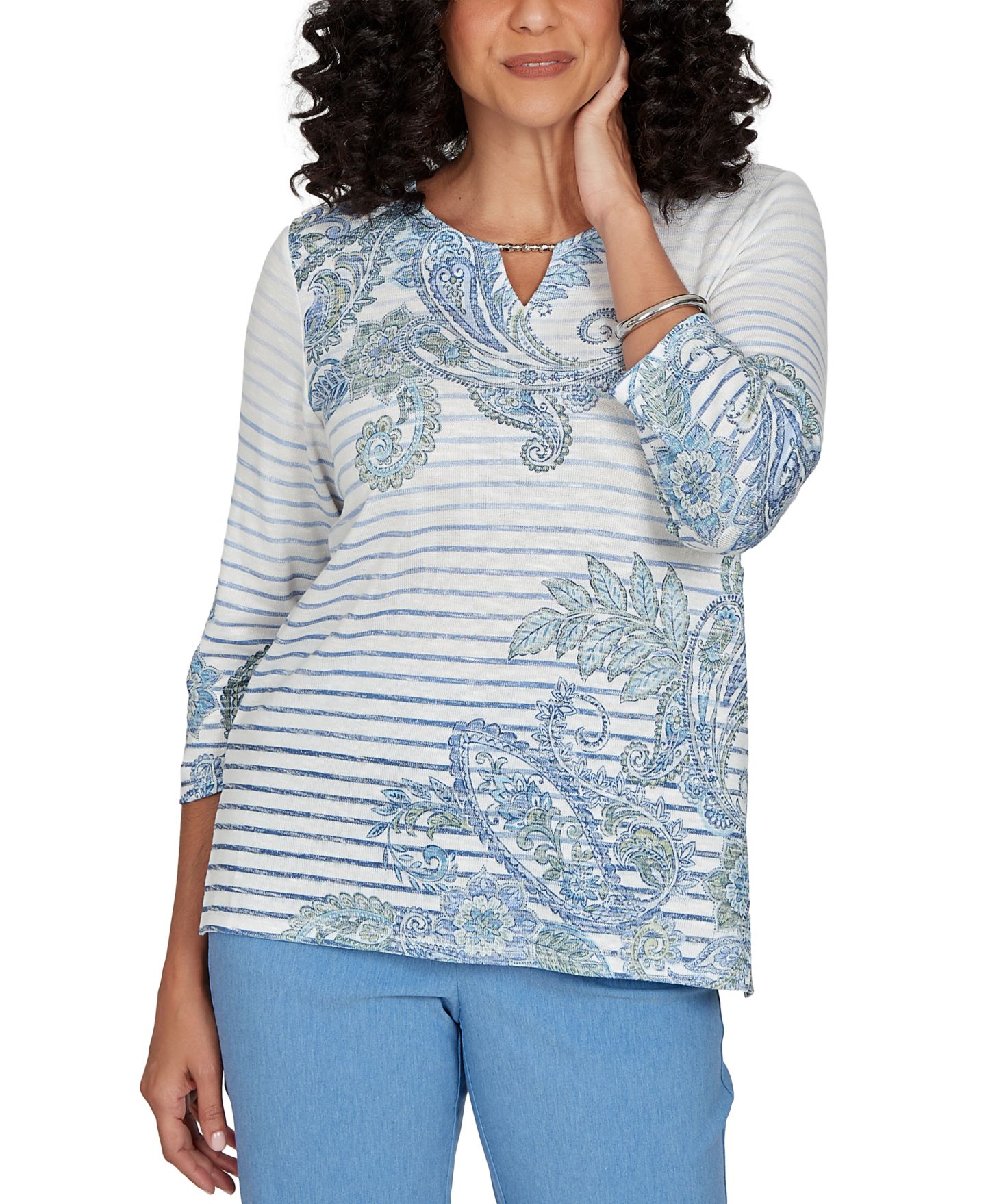 Женский топ Alfred Dunner Petite Provence Paisley Stripe Split Neck 3/4 Sleeve, цвет: Wedgewood — фото 6