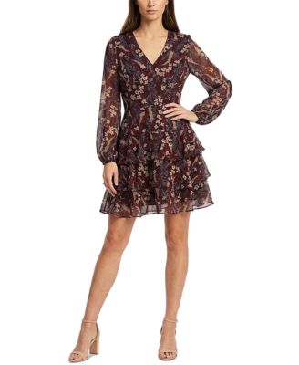 Women's Floral-Print Tiered Long-Sleeve V-Neck Mini Dress