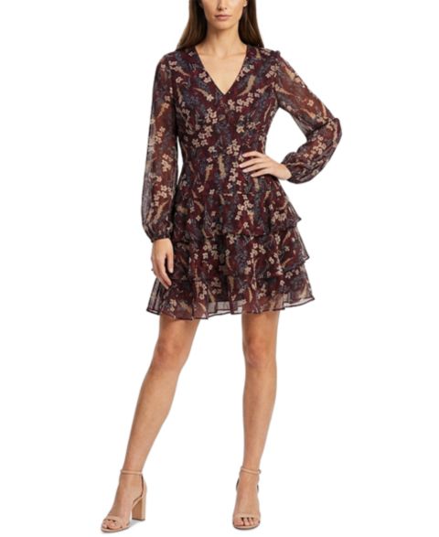 Женское платье Taylor Floral-Print Tiered Long-Sleeve V-Neck Mini, цвет: Тёмно-бордовый серо-коричневый синий