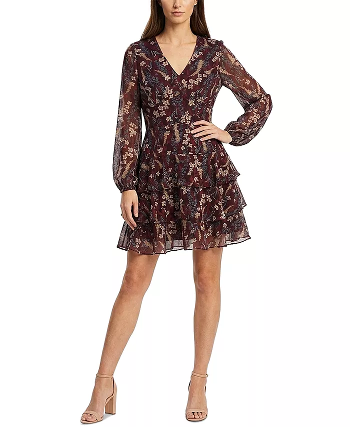 Women's Floral-Print Tiered Long-Sleeve V-Neck Mini Dress