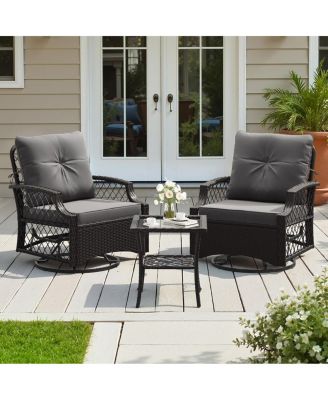 3 Piece Wicker Outdoor Patio Furniture Set with Swivel Glider Chairs and Side Table-Asagikoiai