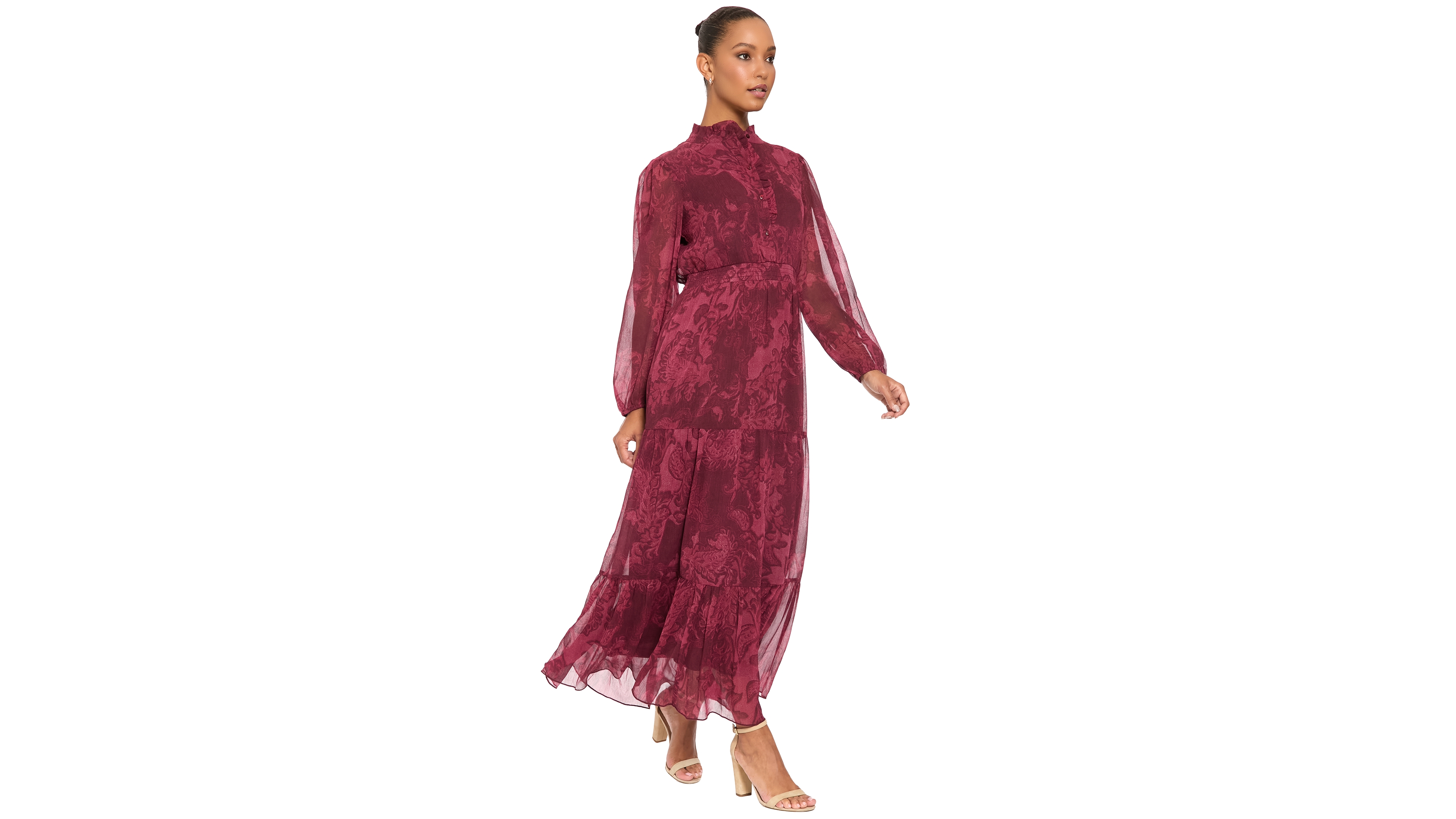 London Times Petite Floral-Tiered Long-Sleeve Dress