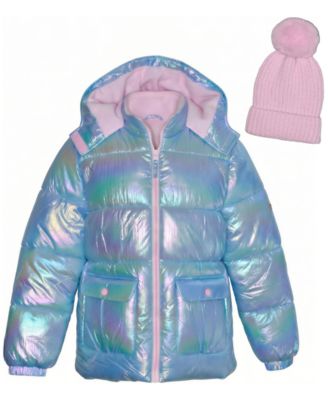 Girls' 5-16 Iridescent Puffer Jacket with Knit Hat, 2-Piece Set