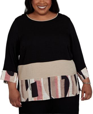 Plus Size Travel Advisory Spliced Patchwork 3/4-Sleeve Blouse
