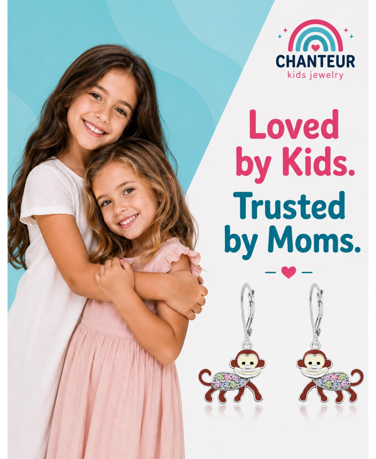 Chanteur Kids Monkey Hypoallergenic Earrings for Girls with Sterling Silver Leverbacks