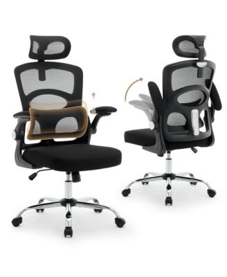 Ergonomic Mesh Office Chair with adjustable headrest, lumbar support, flip-up arms, swivel wheels, and sturdy metal base