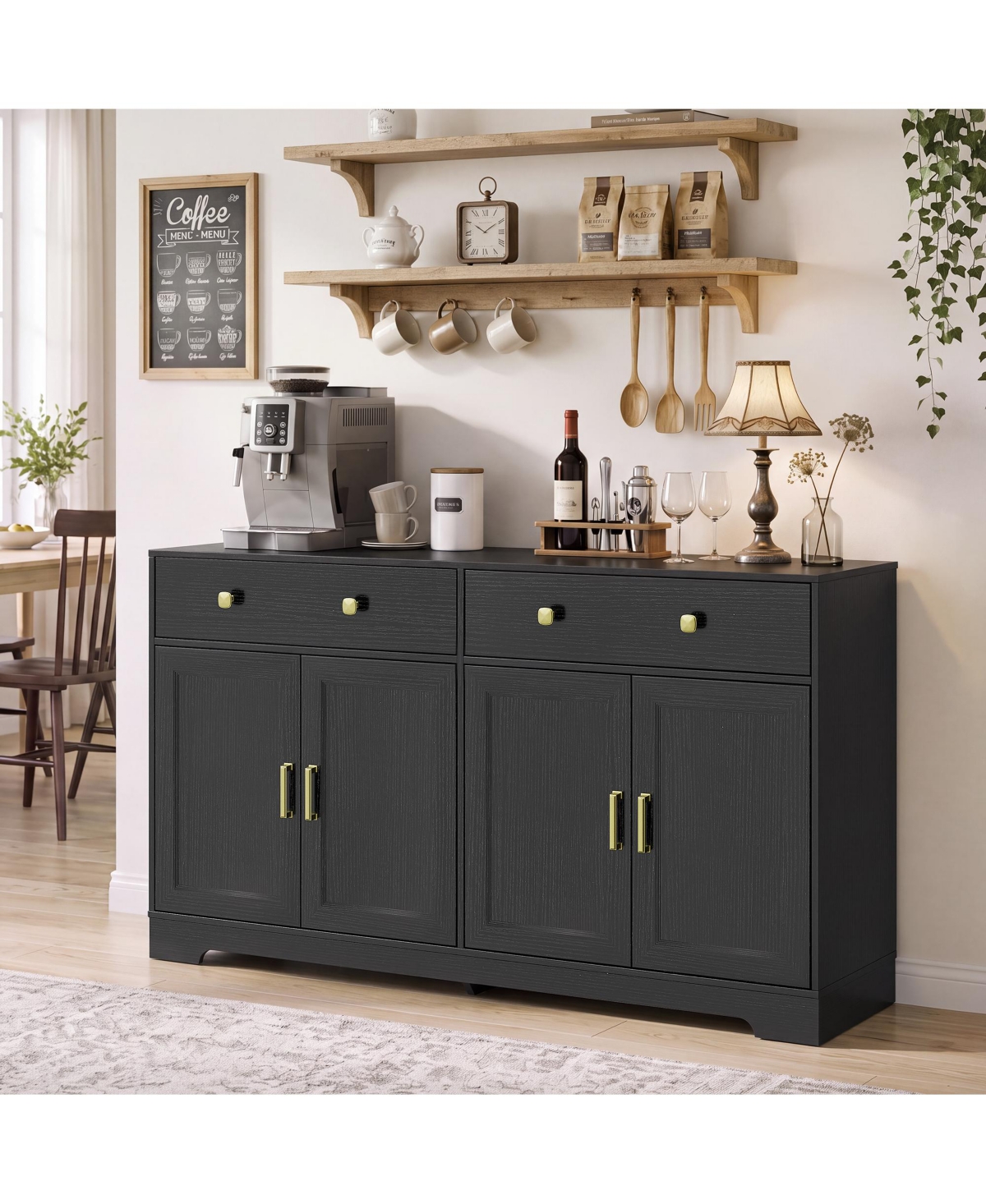 Gaomon 63 Inch Farmhouse Sideboard Buffet Cabinet Wood Storage Credenza with 2 Drawers and Adjustable Shelves Anti-Tip Coffee Bar for Kitchen Entryway