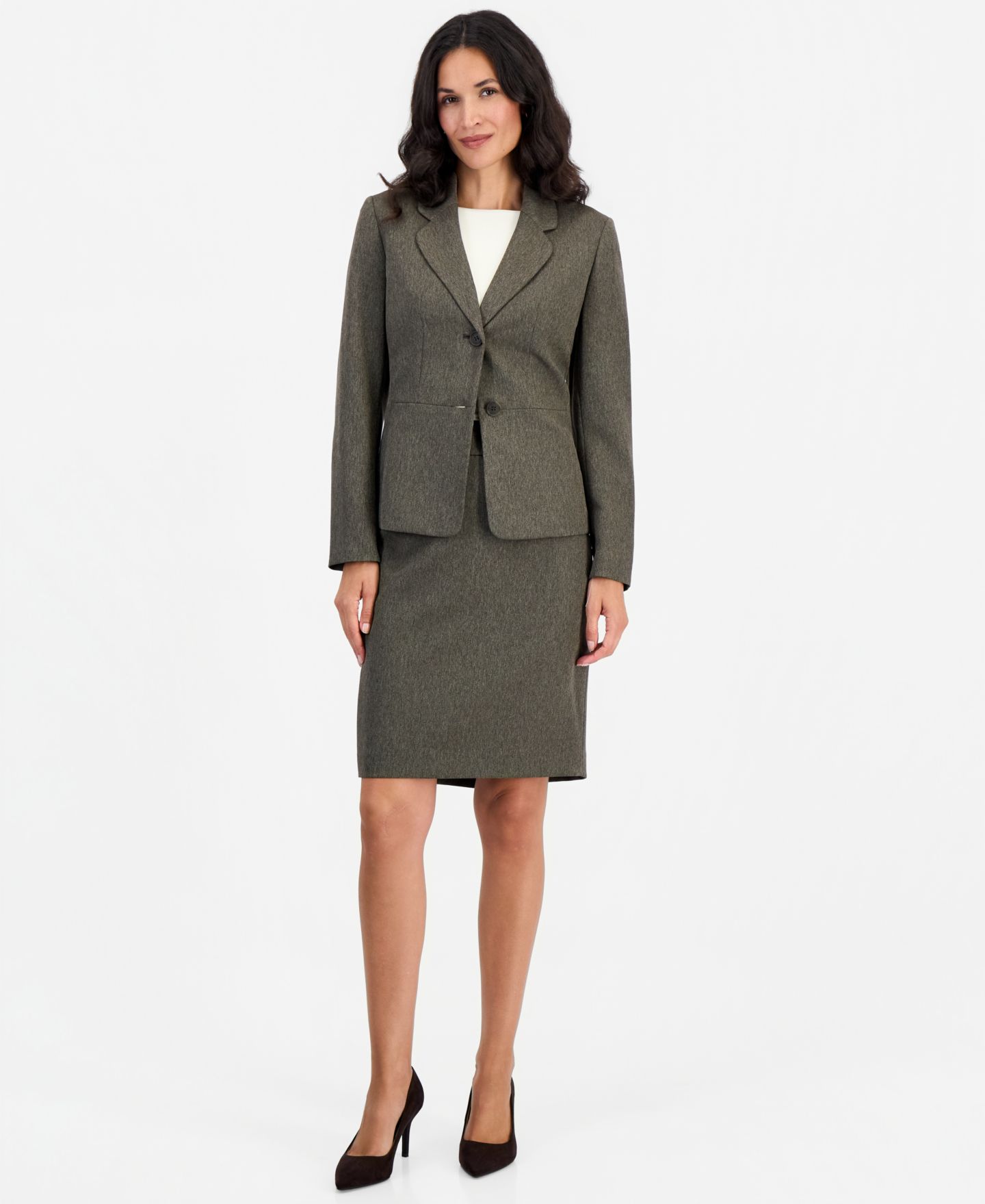 Женский комплект Le Suit Slim-Fit Notch-Collar Two-Button Jacket and Skirt, 2-Piece Set, цвет: Тёмно-коричневый разноцветный — фото 1