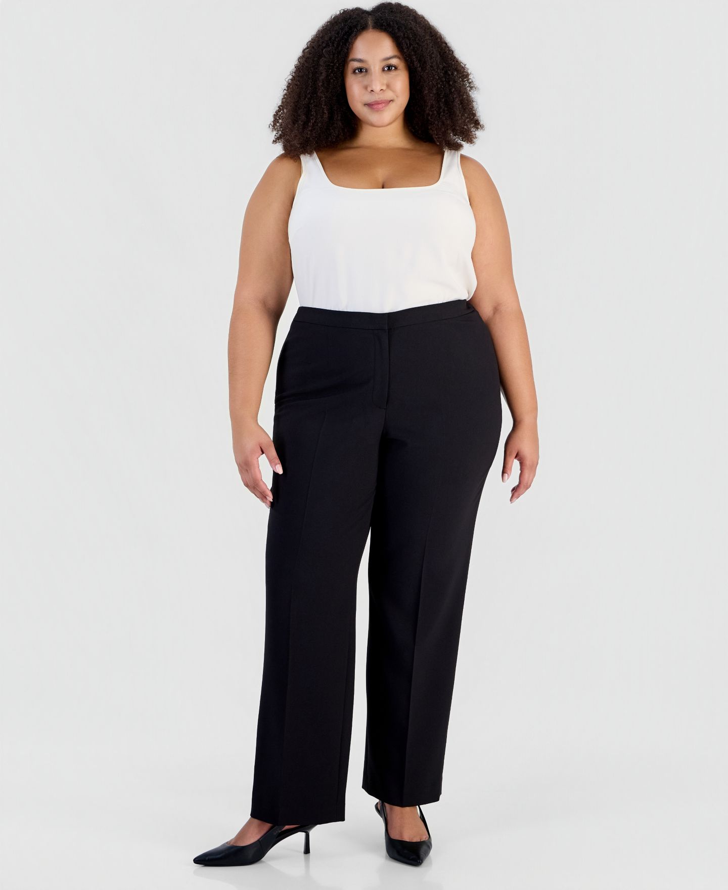 Женский комплект Le Suit Plus Size Kate Two-Button Contrast Piping Jacket and Pants, 2-Piece Suit, цвет: Чёрный / Ванильный ледяной — фото 4