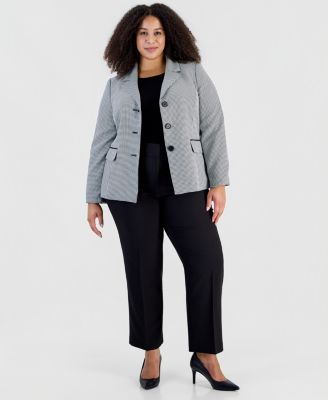 Plus Size Houndstooth Three-Button Slim-Fit Jacket and Pant, 2-Piece Set