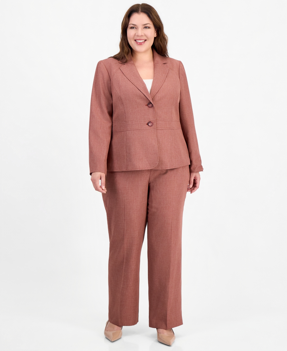 Le Suit Plus Size Houndstooth Wide-Leg Jacket and Pants, 2-Piece Suit - Ginger Multi