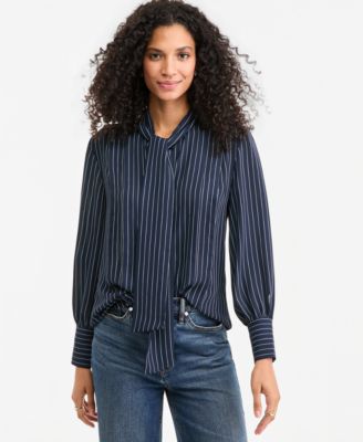 Women's Long-Sleeve Tie-Neck Crepe Blouse