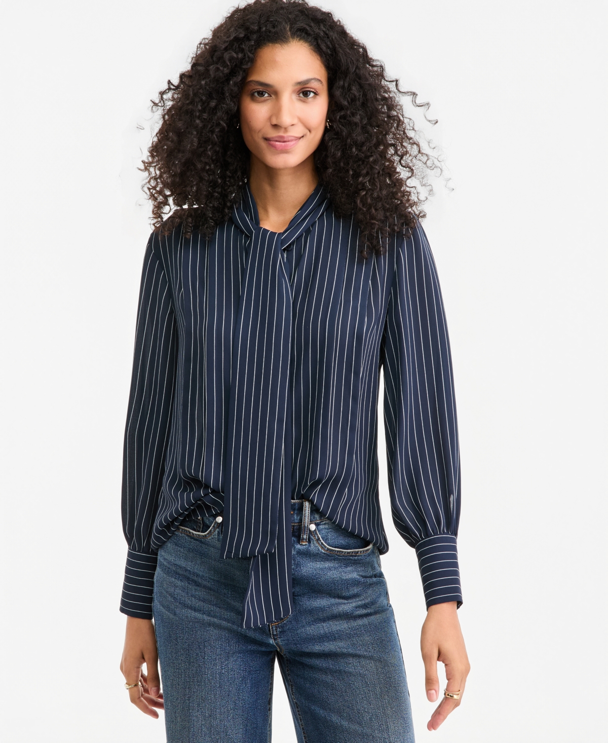 On 34th Women's Long-Sleeve Tie-Neck Crepe Blouse, Macy's Exclusive - Darcy Stripe