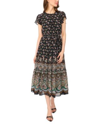 Women's Flutter-Sleeve Tie-Waist Midi Dress