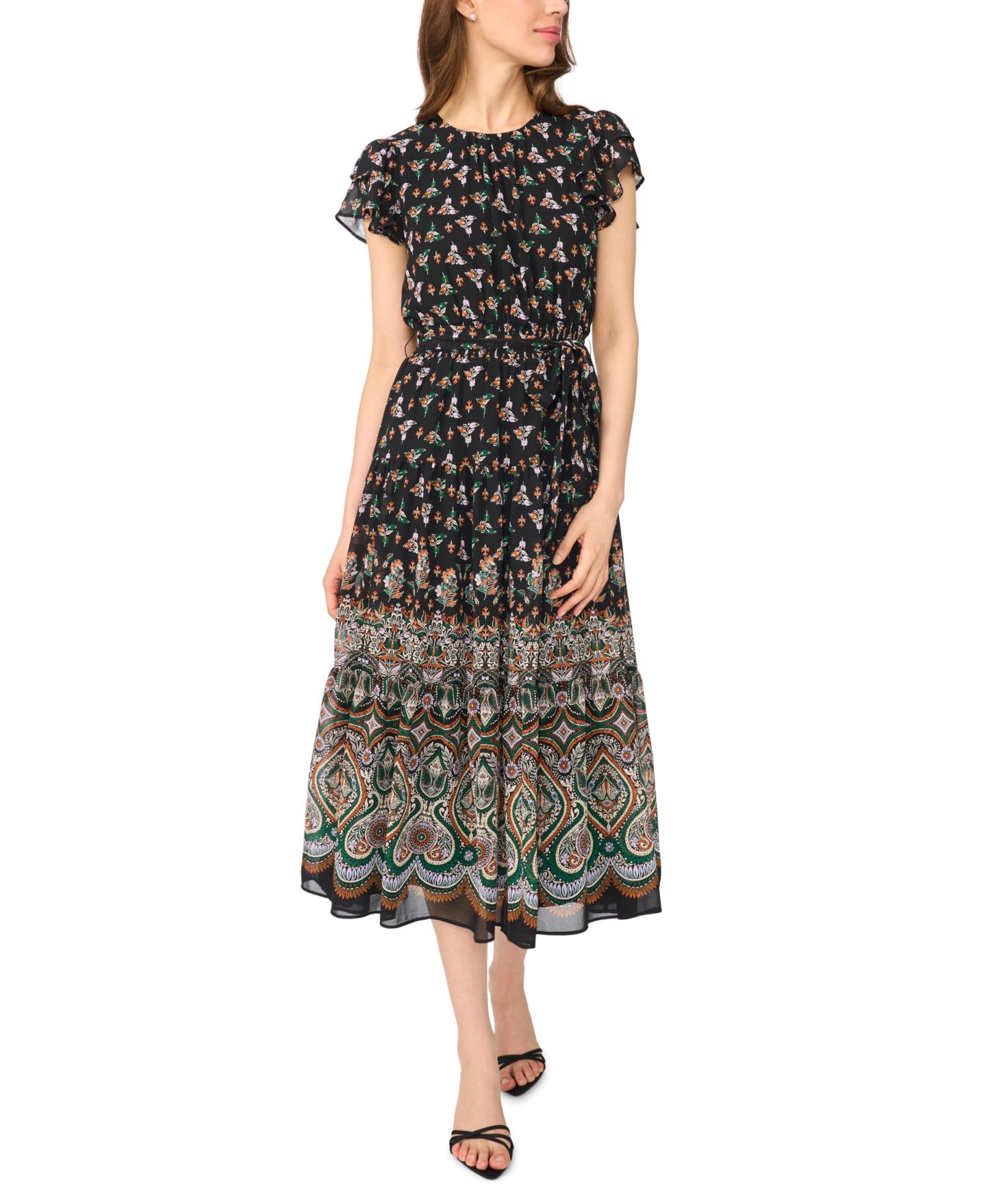 Женское платье CeCe Flutter-Sleeve Tie-Waist Midi, цвет: Насыщенный чёрный — фото 1