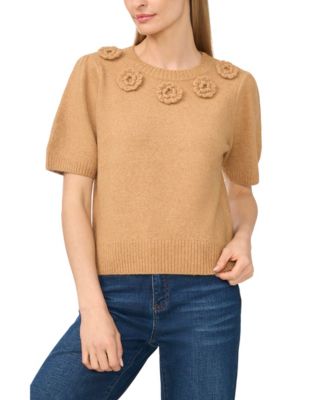 Women's Short-Sleeve Crewneck Knit-Flower Sweater