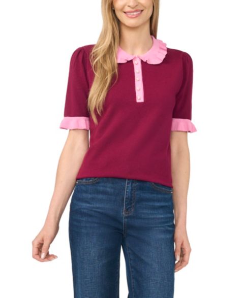 Женский топ CeCe Cotton Ruffle-Collar Short-Sleeve Top, цвет: Глубокий шелковичный