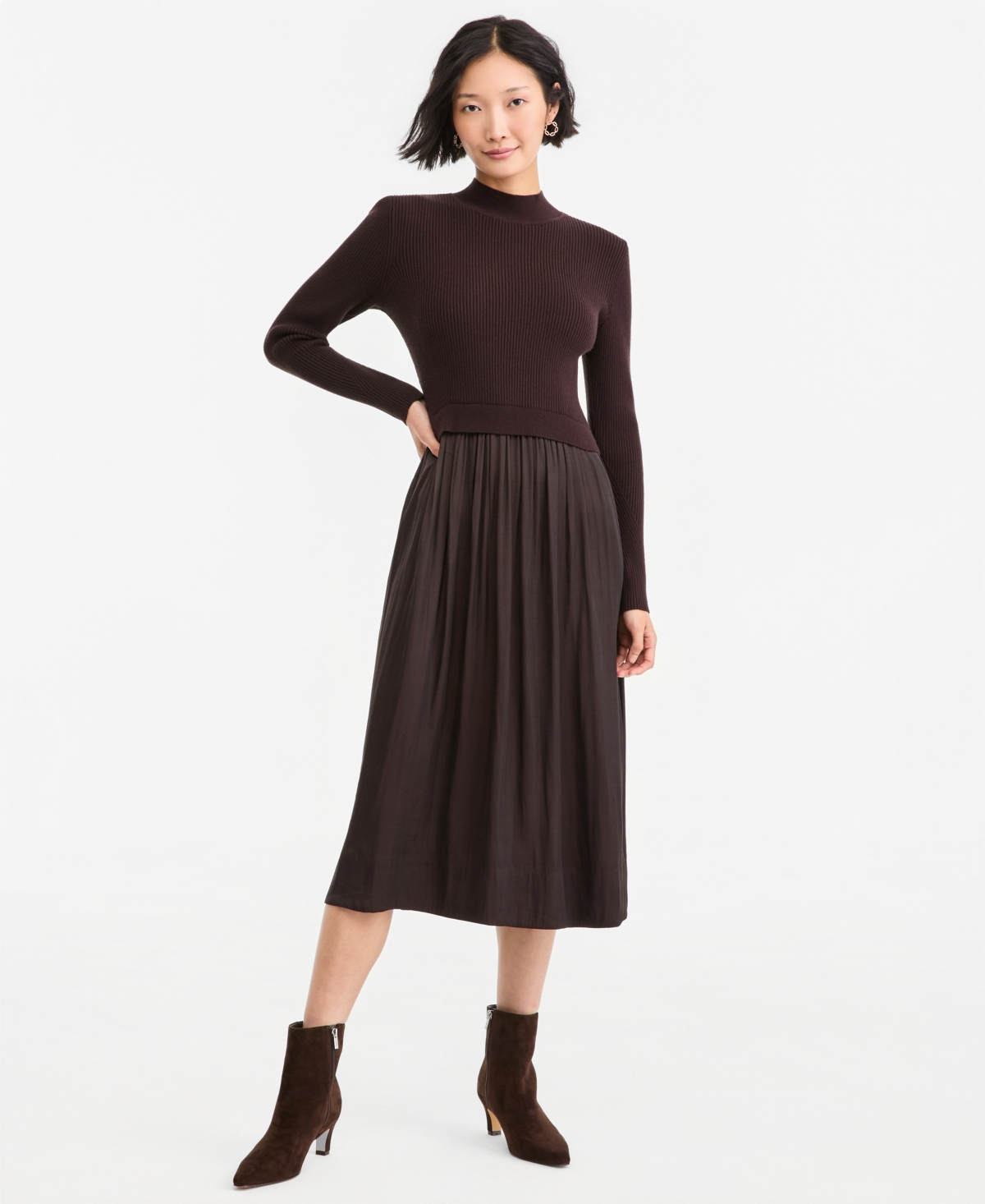 On 34th Women's Long-sleeve Sweater Mixed-media Midi Dress, Macy's Exclusive In Ganache