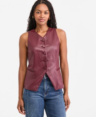 Women's Woven Faux Leather V-Neck Vest