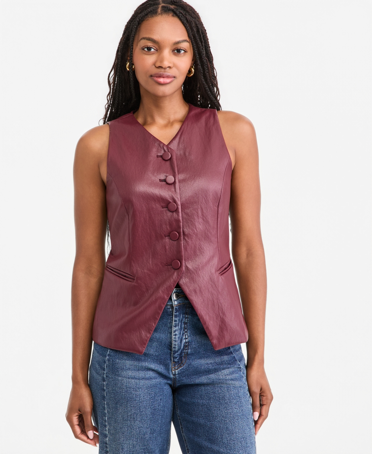On 34th Women's Woven Faux Leather V-Neck Vest, Macy's Exclusive