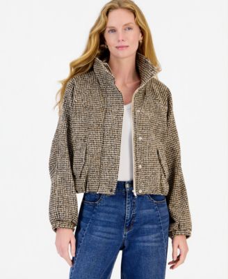 Women's Cropped Houndstooth Bubble Bomber Jacket