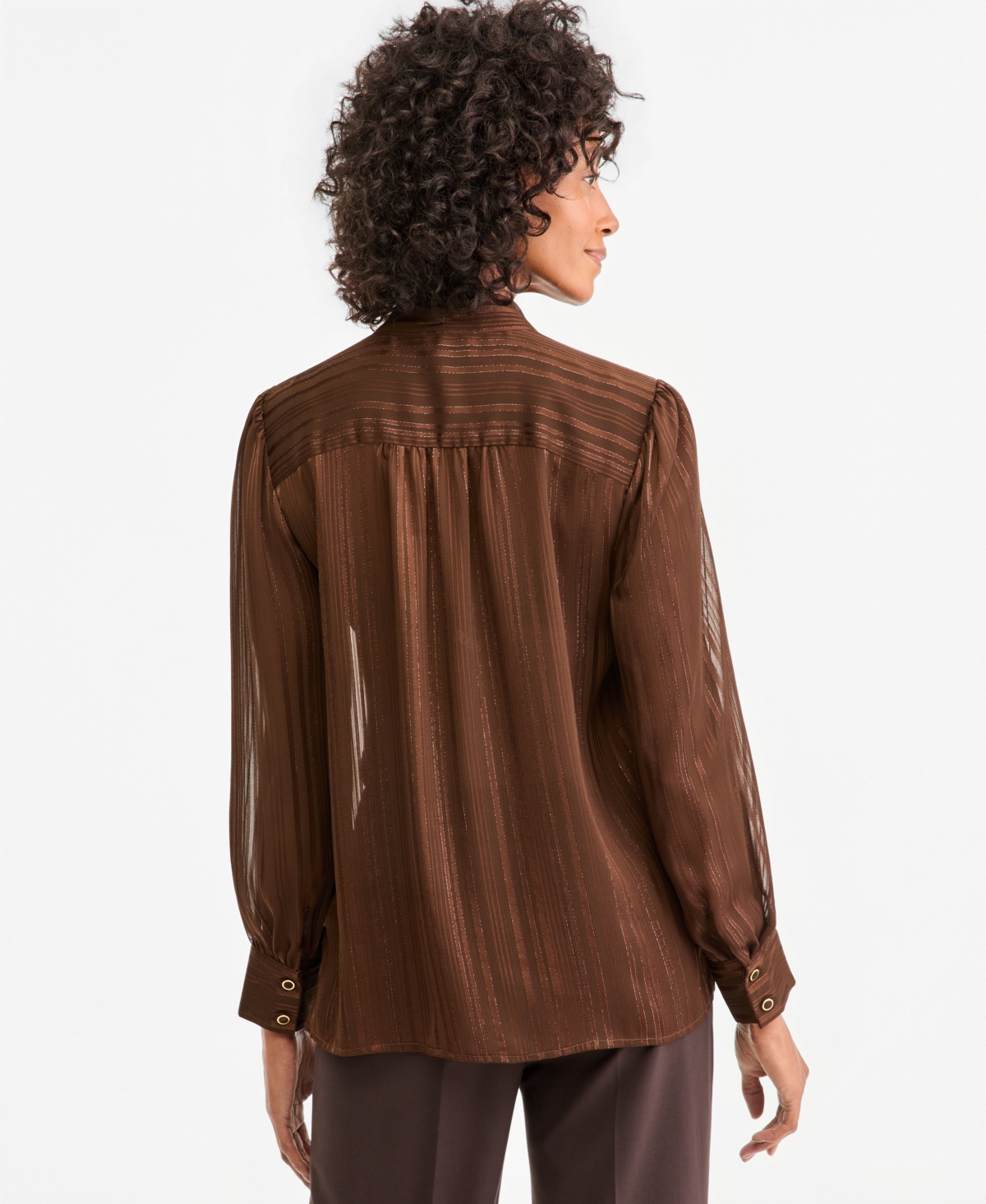 Tahari Asl Women's Tie Neck Satin Stripe Long-Sleeve Blouse