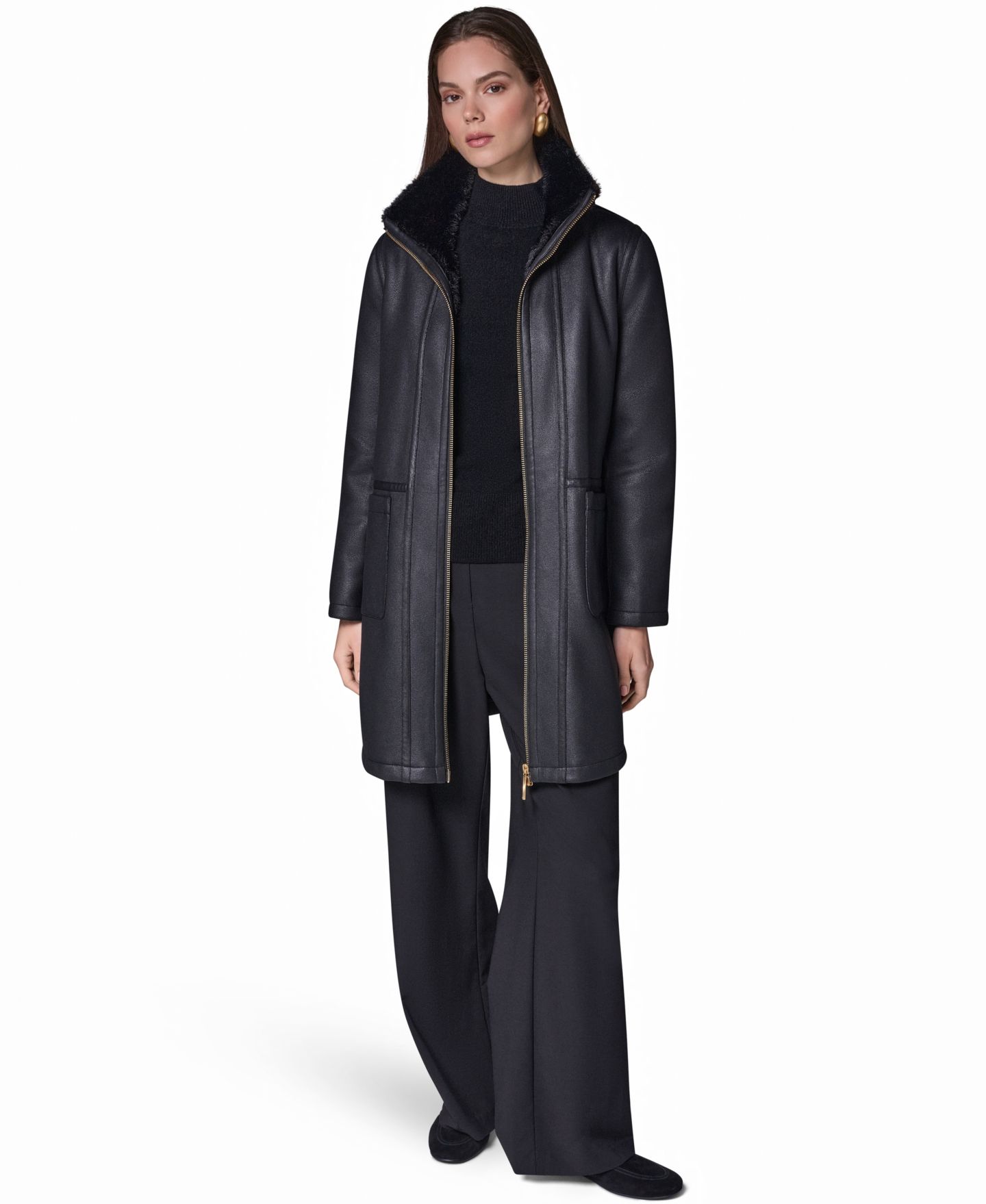 Женское пальто Donna Karan New York из искусственной овчины с отложным воротником, цвет: Чёрный — фото 2