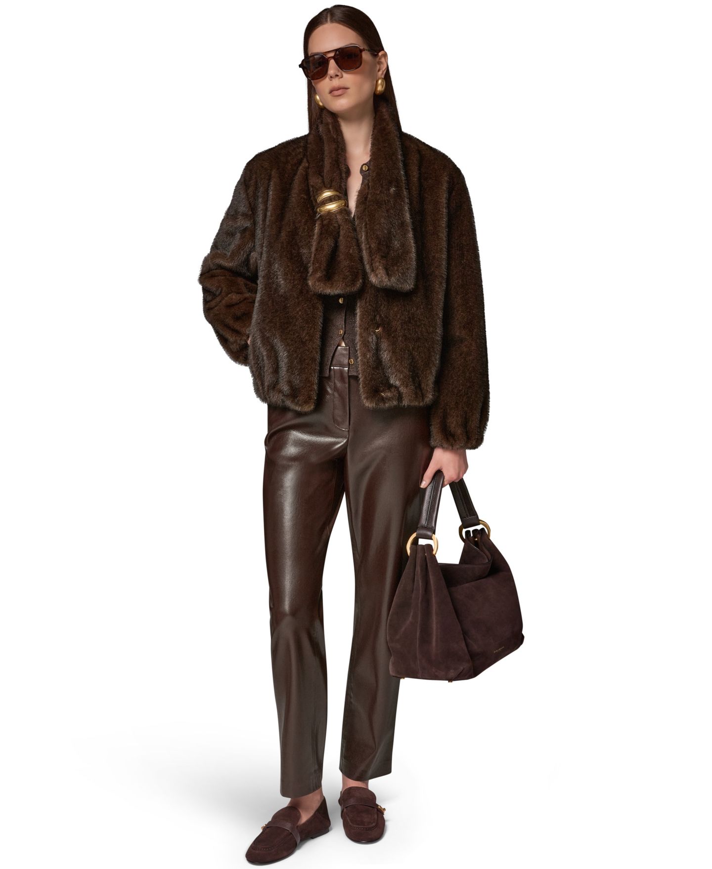 Женское короткое пальто из искусственного меха Donna Karan New York с шарфом, цвет: Шоколадный — фото 6