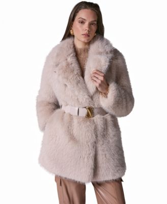 Womens Belted Collared Faux Fur Coat