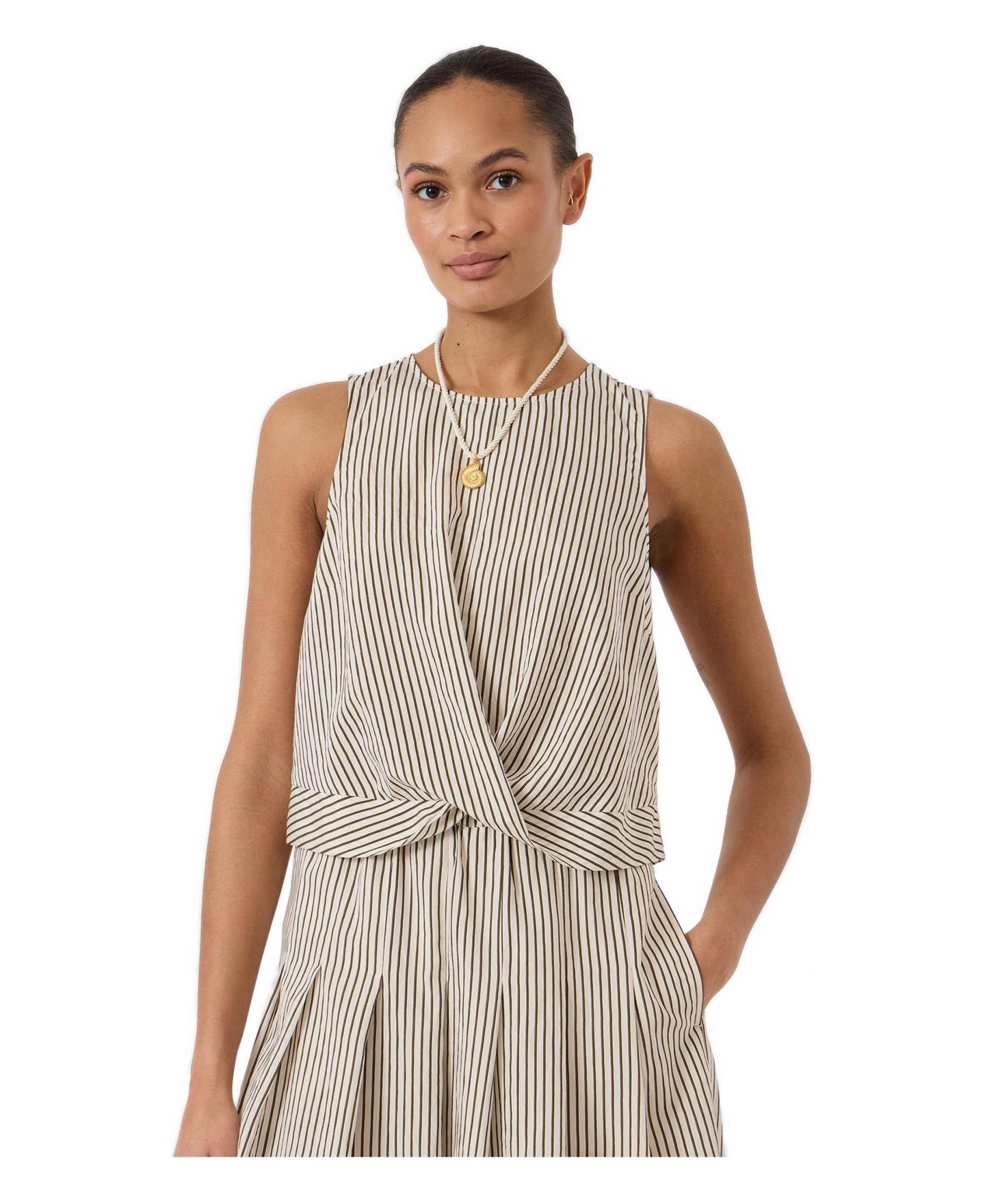 Женский топ Hush Sleeveless Front Knot Crop, цвет: Зелёный полосатый белый — фото 1
